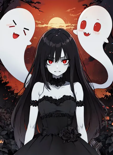 ((best quality)), ((highly detailed)), , (1girl), dynamic pose, upper body, ((ghost-girl)), ((undead)), ((pale white skin:1.3)), ((black colored hair:1.3)), ((red eyes)), ((glowing eyes)), (eye bags), (monstergirl), <lora:skinnyv2:1>, skinny, medium breasts, ((crazy grin)), smoky skull, flowing ((black gown)), ((graveyard)), fog, (outside, at a wild west town, morning, sunrise), <lora:Ghibli Style:.55>, ghbl_style