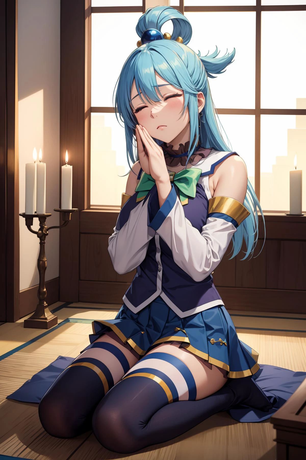 masterpiece, best quality, highres, absurdres, ultra detailed, pretty eyes,
aaaqua, long hair, blue hair, hair rings, hair ornament,choker, bare shoulders, green bow, blue shirt, detached sleeves, blue skirt, thighhighs, (closed_eyes)
praying, seiza, in_temple, candles, alter, light_rays, windows
<lora:aqua_(konosuba)_v1:0.7>