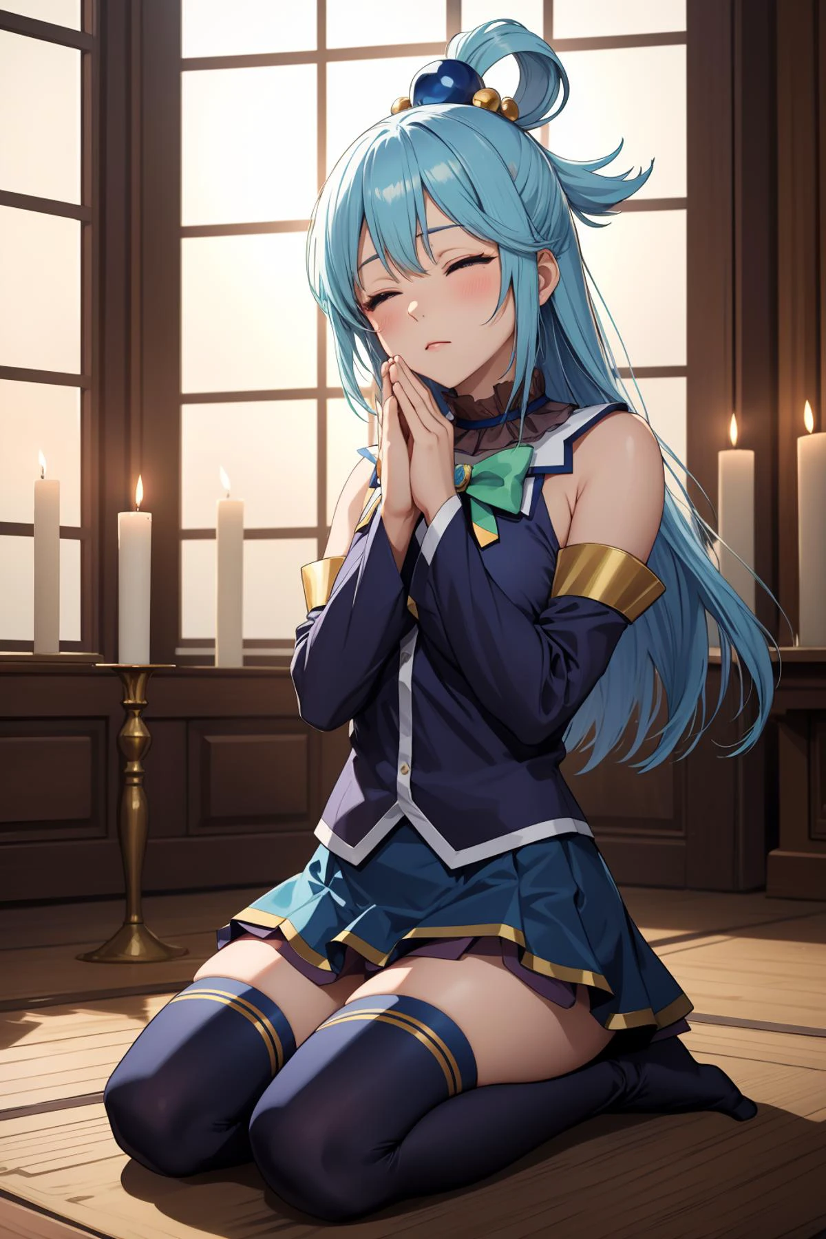 masterpiece, best quality, highres, absurdres, ultra detailed, pretty eyes,
aaaqua, long hair, blue hair, hair rings, hair ornament,choker, bare shoulders, green bow, blue shirt, detached sleeves, blue skirt, thighhighs, closed_eyes
praying, seiza, in_temple, candles, alter, light_rays, windows
<lora:aqua_(konosuba)_v1:0.7>