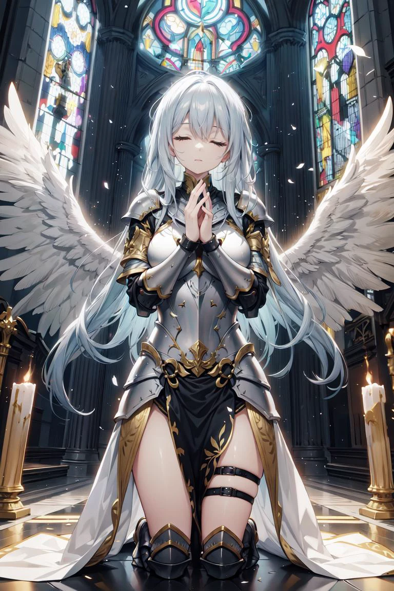 masterpiece, best quality, official art, extremely detailed CG unity 8k wallpaper, solo,<lora:BlessedTech:0.35> blessedtech, blessed, aura, <lora:add_detail:0.25>,knight, (armor:1.5), very long hair , indoor, church, stained glass, kneeling, praying, habit, closed eyes, calm, palms together