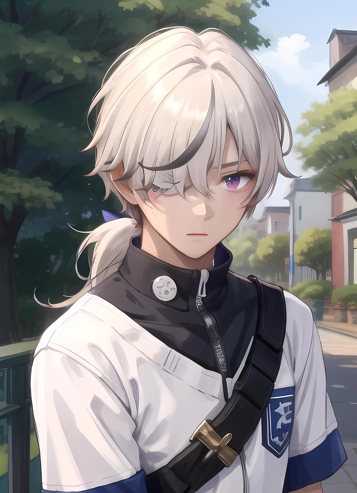 masterpiece, best quality, highres, high quality, 1boy, solo, male focus, looking at viewer, upper body, hair, realistic, Arlan, purple eyes, short low ponytail, streaked hair, hair over one eye, dark skin <lora:Arlan_HSR-05:0.68>
