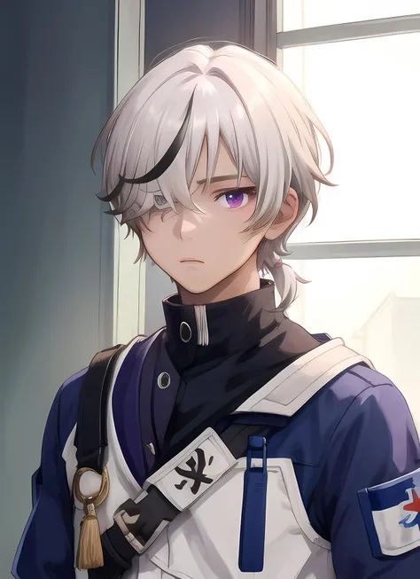masterpiece, best quality, highres, high quality, 1boy, solo, male focus, looking at viewer, upper body, hair, realistic, Arlan, purple eyes, short low ponytail, streaked hair, hair over one eye, dark skin <lora:Arlan_HSR-05:0.68>