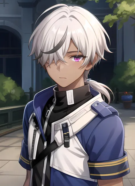 masterpiece, best quality, highres, high quality, 1boy, solo, male focus, looking at viewer, upper body,  hair, realistic, Arlan, purple eyes, short low ponytail, streaked hair, hair over one eye, dark skin <lora:Arlan_HSR-05:0.68>
