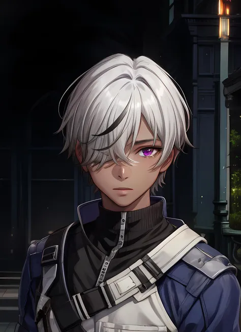 masterpiece, best quality, highres, high quality, 1boy, solo, male focus, looking at viewer, upper body,  hair, realistic, Arlan, purple eyes, short low ponytail, streaked hair, hair over one eye, dark skin <lora:Arlan_HSR-05:0.68>