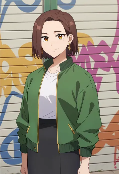 score_9, score_8_up, score_7_up, source_anime,
<lora:WindBreaker_TachibanaKotohaXL:0.8>, TachibanaKotoha,
1girl, closed mouth, light smile,
brown hair, medium hair, forehead, amber eyes,  hair behind ear, earrings, mole under eye,
KotohaCasual, green jacket, open jacket, white shirt, black skirt,
standing, looking at viewer,
outdoors, graffiti