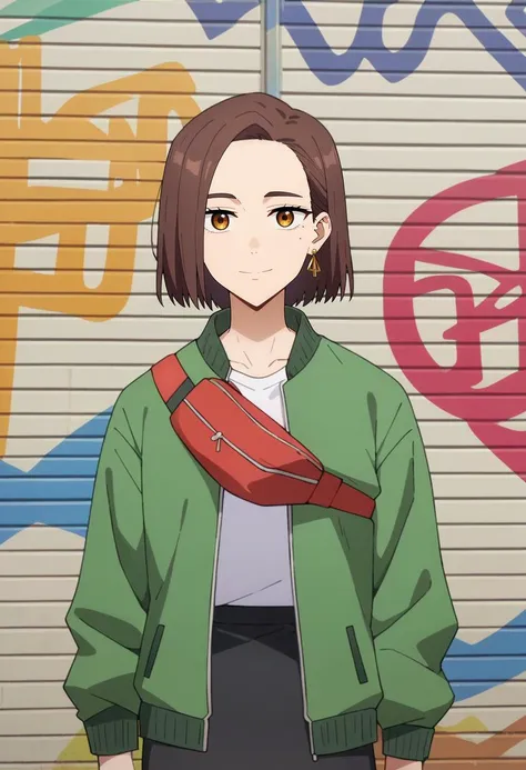 score_9, score_8_up, score_7_up, source_anime,
<lora:WindBreaker_TachibanaKotohaXL:0.8>, TachibanaKotoha,
1girl, closed mouth, light smile,
brown hair, medium hair, forehead, amber eyes,  hair behind ear, earrings, mole under eye,
KotohaCasual, green jacket, open jacket, white shirt, black skirt,  fanny pack, red bag,
standing, looking at viewer,
outdoors, graffiti