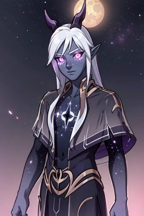 Aaravos, black sclera, purple skin, white hair, (glowing, glowing hair, glowing skin, glowing eyes, purple aura:1.5), (stars, galaxy background, sky, moon), (man, boy, male:1.5), (realistic:1.2), (masterpiece:1.2), (full-body-shot:1.2),(Cowboy-shot:1.2), dark romantic lighting, (highly detailed:1.2), (detailed face:1.2), (gradients), colorful, detailed eyes, (natural lighting:1.2), solo, <lora:add_detail:0.3> <lora:DragonPrince_Aaravos-10:0.85> <lora:BeautifulEyes:0.3>