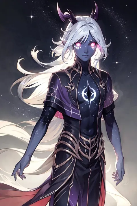 Aaravos, black sclera, purple skin, white hair, (glowing, glowing hair, glowing skin, glowing eyes, purple aura:1.5), (stars, galaxy background, sky, moon), (man, boy, male:1.5), (realistic:1.2), (masterpiece:1.2), (full-body-shot:1.2),(Cowboy-shot:1.2), dark romantic lighting, (highly detailed:1.2), (detailed face:1.2), (gradients), colorful, detailed eyes, (natural lighting:1.2), solo, <lora:add_detail:0.3> <lora:DragonPrince_Aaravos-10:0.85> <lora:BeautifulEyes:0.3>