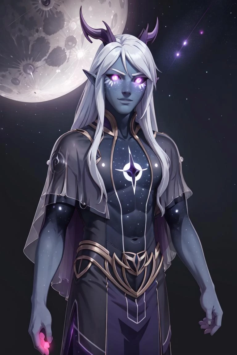 Aaravos, black sclera, purple skin, white hair, long hair, (glowing, glowing hair, glowing skin, glowing eyes, purple aura:1.5), (stars, galaxy background, sky, moon), (man, boy, male:1.5), (realistic:1.2), (masterpiece:1.2), (full-body-shot:1.2),(Cowboy-shot:1.2), dark romantic lighting, (highly detailed:1.2), (detailed face:1.2), (gradients), colorful, detailed eyes, (natural lighting:1.2), solo, <lora:add_detail:0.3> <lora:DragonPrince_Aaravos-10:0.85> <lora:BeautifulEyes:0.3>