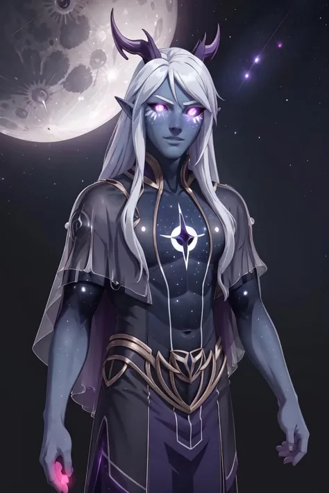 Aaravos, black sclera, purple skin, white hair, long hair, (glowing, glowing hair, glowing skin, glowing eyes, purple aura:1.5), (stars, galaxy background, sky, moon), (man, boy, male:1.5), (realistic:1.2), (masterpiece:1.2), (full-body-shot:1.2),(Cowboy-shot:1.2), dark romantic lighting, (highly detailed:1.2), (detailed face:1.2), (gradients), colorful, detailed eyes, (natural lighting:1.2), solo, <lora:add_detail:0.3> <lora:DragonPrince_Aaravos-10:0.85>  <lora:BeautifulEyes:0.3>