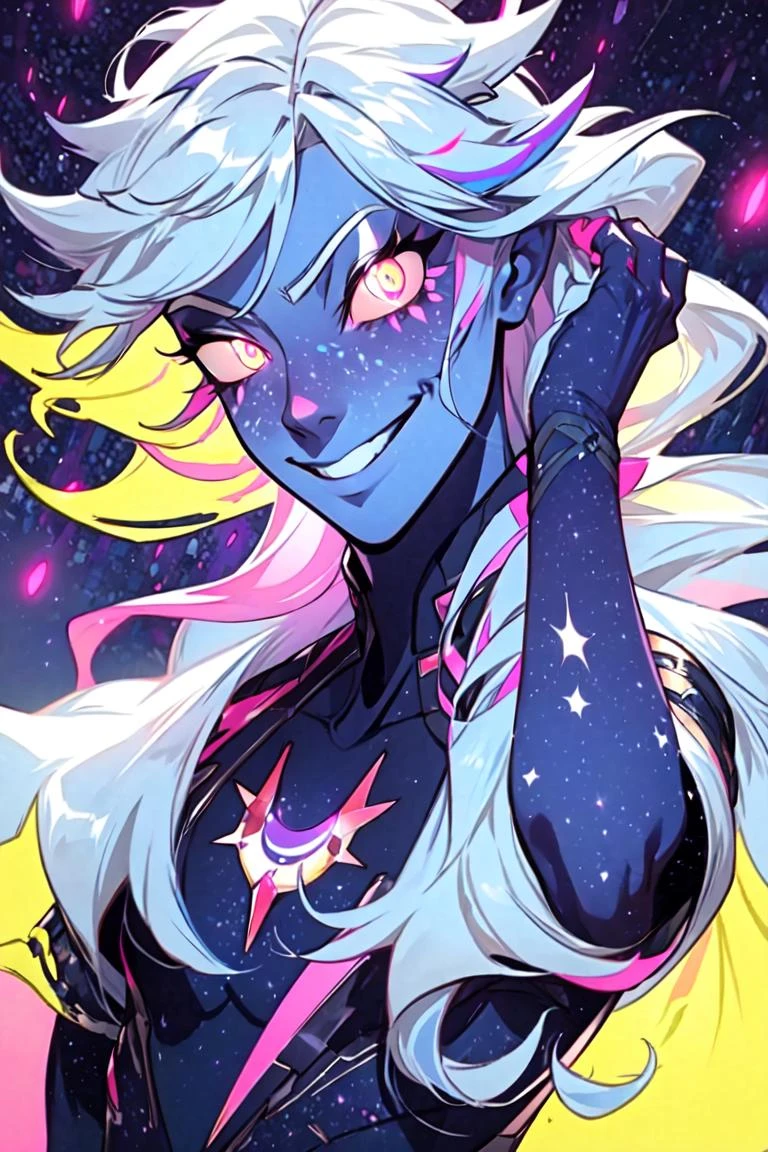 Aaravos, black sclera, purple skin, white hair, (glowing, glowing hair, glowing skin, glowing eyes, purple aura:1.5), (stars, galaxy background, sky, moon), (man, boy, male:1.5), (realistic:1.2), (masterpiece:1.2), (full-body-shot:1.2),(Cowboy-shot:1.2), dark romantic lighting, (highly detailed:1.2), (detailed face:1.2), (gradients), colorful, detailed eyes, (natural lighting:1.2), solo, <lora:add_detail:0.3> <lora:DragonPrince_Aaravos-10:0.85> <lora:BeautifulEyes:0.3>