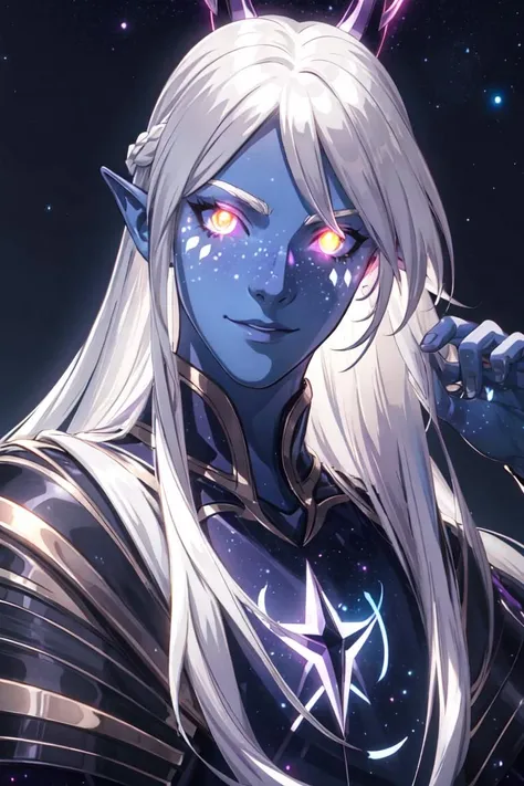 Aravos,  female version, black sclera, purple skin, white hair, long hair, (shiny, shiny hair, shiny skin, shiny eyes, purple aura:1.4), (stars, galaxy background, sky, moon), (man, boy, male:1.5), (Realistic:1.2), (masterpiece:1.2), (fullbody),(Cowchico-shot:1.2), dark romantic lighting, (highly detailed:1.2), (face detailed:1.2), (gradients ), Colorful, detailed eyes, (natural lighting:1.2), solo, medium breasts, sensual body