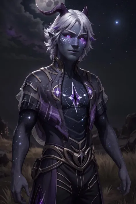 Aaravos, black sclera, purple skin, white hair, (glowing, glowing hair, glowing skin, glowing eyes, purple aura:1.5), (stars, galaxy background, sky, moon), (man, boy, male:1.5), (realistic:1.2), (masterpiece:1.2), (full-body-shot:1.2),(Cowboy-shot:1.2), dark romantic lighting, (highly detailed:1.2), (detailed face:1.2), (gradients), colorful, detailed eyes, (natural lighting:1.2), solo, <lora:add_detail:0.3> <lora:DragonPrince_Aaravos-10:0.85> <lora:BeautifulEyes:0.3>