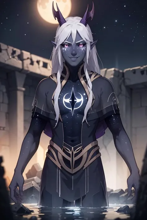 centered, award winning photo, (looking at viewer:1.2), 
|   Aaravos, smug, smile, black sclera, purple skin, white hair,  
| stars, glowing crescent moon, ruins, 
| dynamic pose, depth of field, cinematic composition, 
| <lora:DragonPrince_Aaravos-10:0.85> 
<lora:beautiful detailed eyes:0.3>, beautiful detailed eyes,