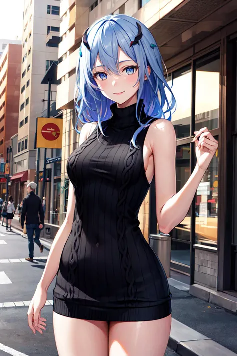 masterpiece, best quality, highres, hmlacia, long hair, hair ornament, medium breasts, <lora:lacia_v1:0.7>, sweater dress, sleeveless, turtleneck, virgin killer sweater, street, standing, cowboy shot, smile,