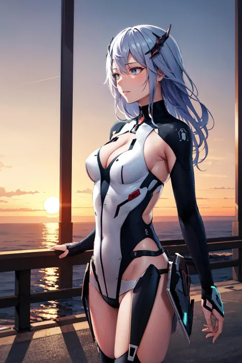 masterpiece, best quality, highres, hmlacia, long hair, hair ornament, medium breasts, clothing cutout, cleavage, bodysuit, thighhighs, <lora:lacia_v1:0.7>, sunset, standing, from side,