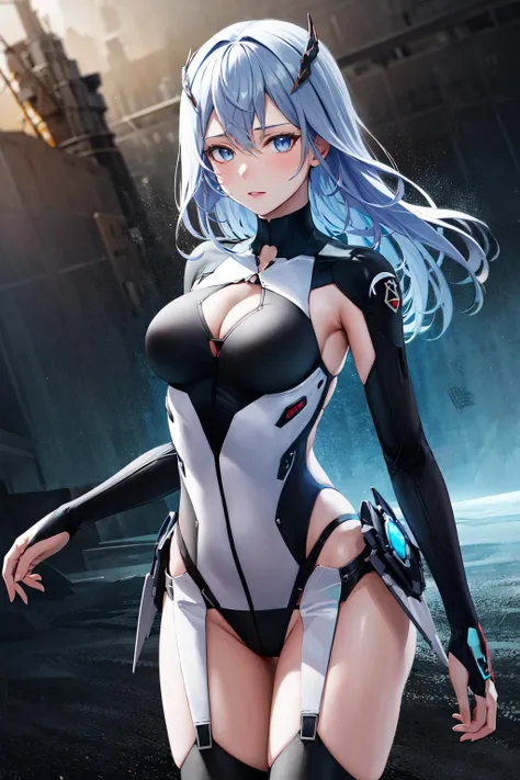 masterpiece, best quality, highres, hmlacia, long hair, hair ornament, medium breasts, clothing cutout, cleavage, bodysuit, thighhighs, <lora:lacia_v1:0.7>, standing, cowboy shot,