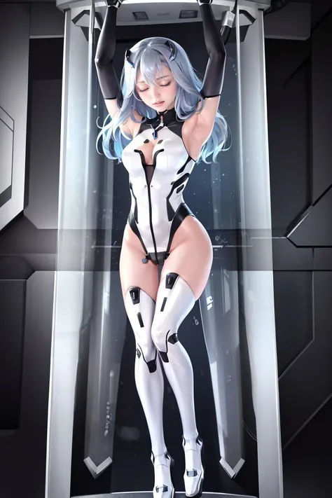 <lora:ConceptCultivationTankStasis_v3:1.25>, (in_container:1.25), (stasis_tank:1.25), (masterpiece:1.2), (best quality:1.2), full body shot, 1girl, medium breasts, eyes closed, arms up,
<lora:lacia_v1:0.7>, hmlacia, long hair, hair ornament, medium breasts, clothing cutout, cleavage, bodysuit, thighhighs
mechanical, in laboratory