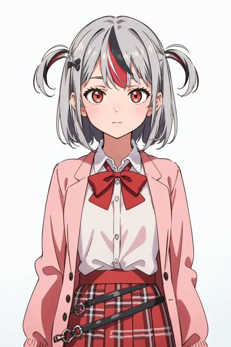 (masterpiece, best quality), intricate details
(1girl),<lora:SakamataSchoolUniform:0.8> sakamata, two side up, silver hair, black streaked hair, collared shirt, pink jacket, red skirt, red bowtie, 
 <lora:EnvyRadioactive-sd15-d:0.8>