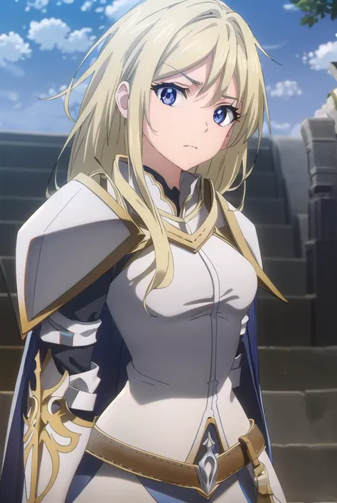 femaleknight, <lyco:femaleknight-lyco-nochekaiser:1>, 
female knight, long hair, blue eyes, blonde hair,
BREAK weapon, sword, cape, armor, shoulder armor, gauntlets, pauldrons, breastplate, knight,
BREAK outdoors, forest, grass, nature, sky, cloud, sun,
BREAK looking at viewer, (cowboy shot:1.5),
BREAK <lyco:GoodHands-beta2:1>, (masterpiece:1.2), best quality, high resolution, unity 8k wallpaper, (illustration:0.8), (beautiful detailed eyes:1.6), extremely detailed face, perfect lighting, extremely detailed CG, (perfect hands, perfect anatomy),