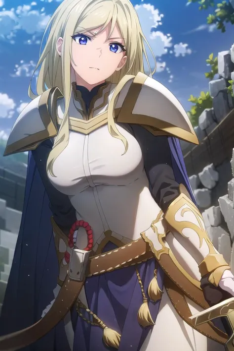 femaleknight, <lyco:femaleknight-lyco-nochekaiser:1>, 
female knight, long hair, blue eyes, blonde hair,
BREAK weapon, sword, cape, armor, shoulder armor, gauntlets, pauldrons, breastplate, knight,
BREAK outdoors, forest, grass, nature, sky, cloud, sun,
BREAK looking at viewer,
BREAK <lyco:GoodHands-beta2:1>, (masterpiece:1.2), best quality, high resolution, unity 8k wallpaper, (illustration:0.8), (beautiful detailed eyes:1.6), extremely detailed face, perfect lighting, extremely detailed CG, (perfect hands, perfect anatomy),