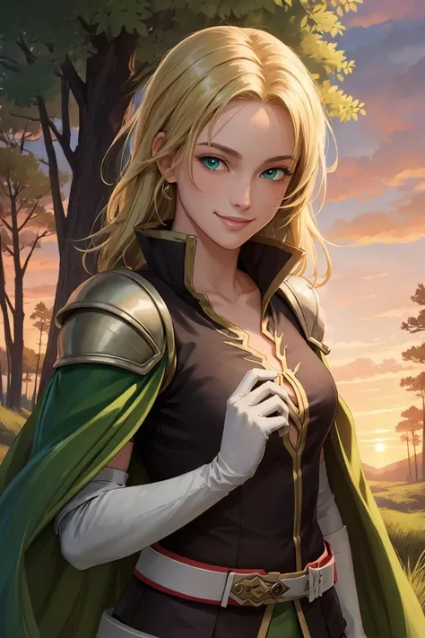 masterpiece, best quality, feSelena, brown tunic, green cape, white elbow gloves, shoulder armor, belt, upper body, looking at viewer, serene smile, forest, bog, sunset , <lora:selena-nvwls-v2:0.9>
