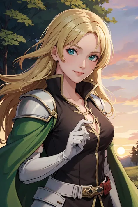 masterpiece, best quality, feSelena, brown tunic, green cape, white elbow gloves, shoulder armor, belt, upper body, looking at viewer, serene smile, forest, bog, sunset , <lora:selena-nvwls-v2:0.9>