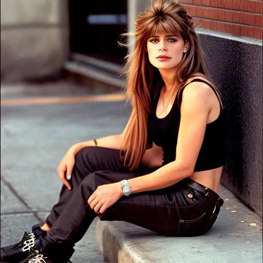 <hypernet:SarahConnorT:1>, (Sarah Connor:1.0), a woman, (nvinkpunk:1) a young female, highlights in hair, sitting outside, city, brown