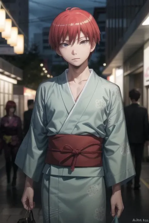 masterpiece, best quality, high quality, 1boy, solo, male focus, looking at viewer, <lora:KarmaAkabane1B:0.83>, karma, red hair, festival, yukata