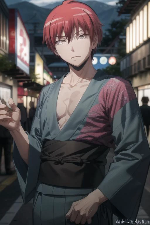 masterpiece, best quality, high quality, 1boy, solo, male focus, looking at viewer, <lora:KarmaAkabane1B:0.66>, karma, red hair, festival, yukata