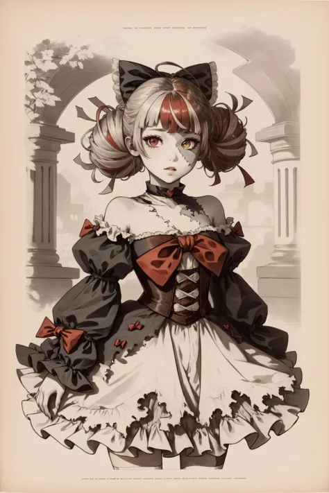 best quality, intricate details,
 <lora:kureijiOllieHololive4_v3:0.8> zombie, patchwork skin, heterochromia, red eyes, yellow eyes, kureiji ollie, double bun, torn dress, red bow, hair bow, 
 <lora:oldNewspaperStyle_v10:1.2> npzw, npzw, (text), monochrome, npzw, (text), sepia,