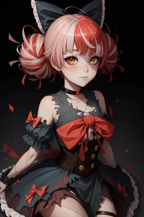 best quality, intricate details,
 <lora:kureijiOllieHololive4_v3:0.8> zombie, patchwork skin, heterochromia, red eyes, yellow eyes, kureiji ollie, double bun, torn dress, red bow, hair bow, 
 <lora:3_v20:0.8> ;3, uwu, catmouth,