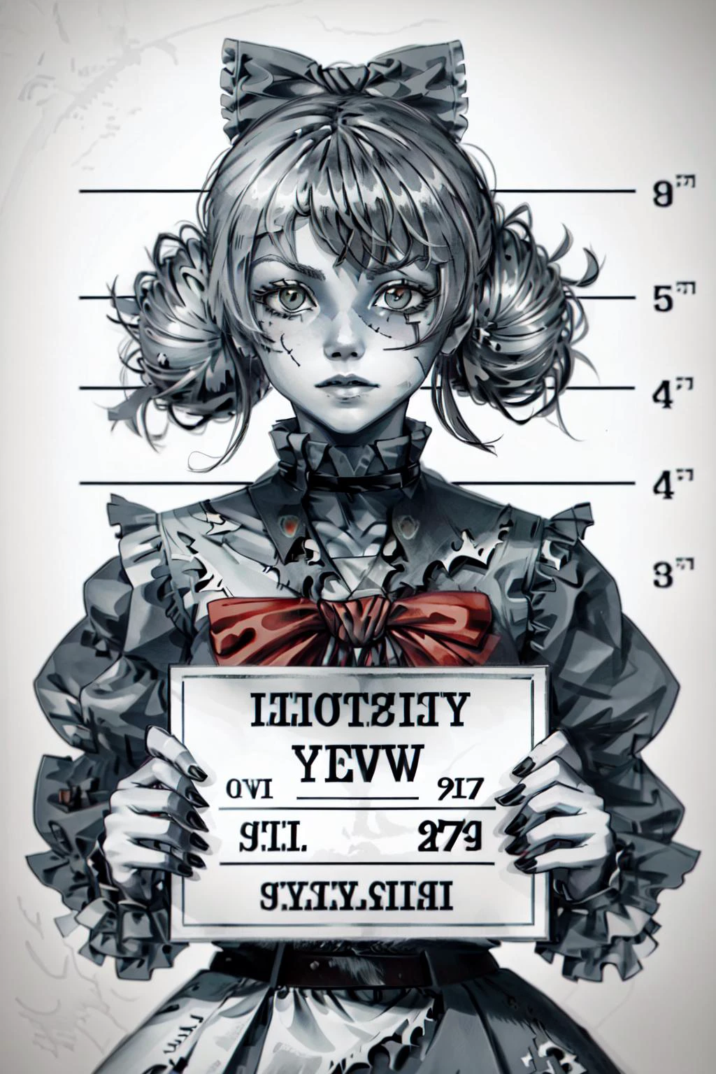 best quality, intricate details,
<lora:kureijiOllieHololive4_v3:0.8> zombie, patchwork skin, heterochromia, red eyes, yellow eyes, kureiji ollie, double bun, torn dress, red bow, hair bow,
<lora:oldNewspaperStyle_v10:1.2> npzw, npzw, (text), monochrome, npzw, (text), sepia, <lora:mugshotLora_mugshot:0.8> mugshot, height chart, holding sign,