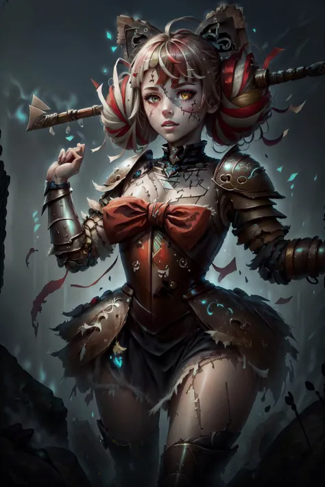 best quality, intricate details,
<lora:kureijiOllieHololive4_v3:0.8> zombie, patchwork skin, heterochromia, red eyes, yellow eyes, kureiji ollie, double bun, torn dress, red bow, hair bow,
<lora:stonepunkai_v10:0.8> stonepunkAI, <lora:glowingrunesai_v10:0.8> glowingrunesai, stone armor, glowing runes,