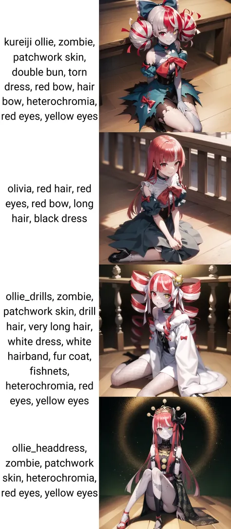 2d, masterpiece, best quality, anime, highly detailed face, highly detailed eyes, highly detailed background, perfect lighting, full body, 1girl, solo, kureiji ollie, zombie, patchwork skin, double bun, torn dress, red bow, hair bow, heterochromia, red eyes, yellow eyes, sitting, (from side:0.7), wooden floor, smile <lora:ollie-15:1>