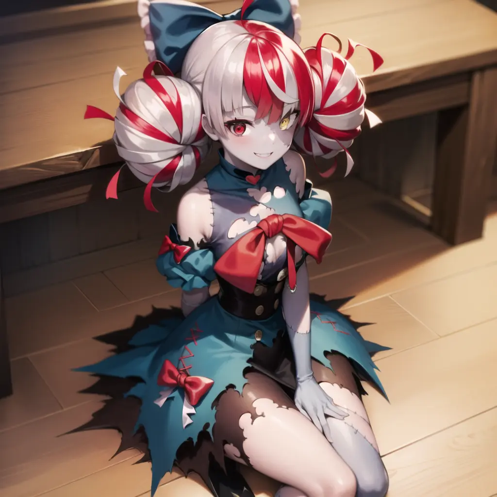 2d, masterpiece, best quality, anime, highly detailed face, highly detailed eyes, highly detailed background, perfect lighting, full body, 1girl, solo, kureiji ollie, zombie, patchwork skin, double bun, torn dress, red bow, hair bow, heterochromia, red eyes, yellow eyes, sitting, (from side:0.7), wooden floor, smile <lora:ollie-15:1>