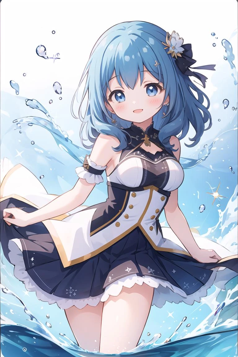 masterpiece, best quality, <lora:kunieda_shiho-v20231029:1>, 1girl, solo, bangs, white background, blush, smile, sparkle, dynamic pose, water,