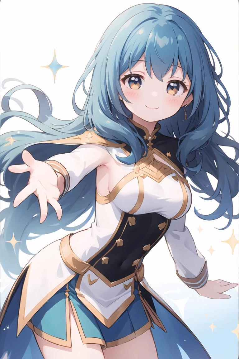 masterpiece, best quality, <lora:kunieda_shiho-v20231029:1>, 1girl, solo, bangs, white background, blush, smile, sparkle, dynamic pose,