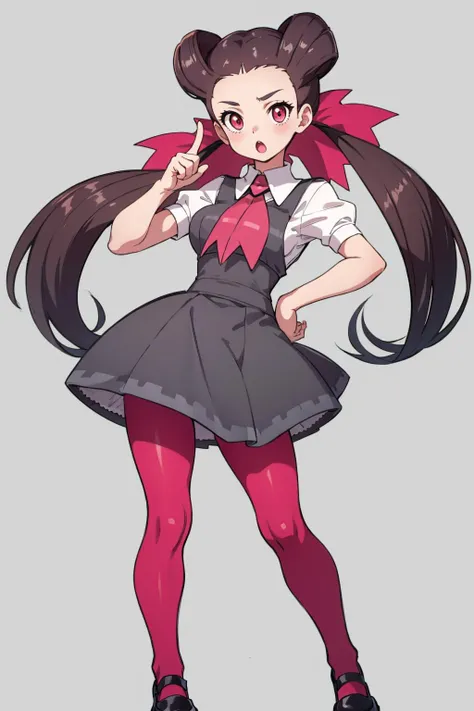 masterpiece, best quality <lora:roxanne-nvwls-v1:0.9> twintails, hair ribbon, ascot, grey dress, white shirt, puffy short sleeves, pink pantyhose, mary janes, hand on hip, one finger up, :o, simple background