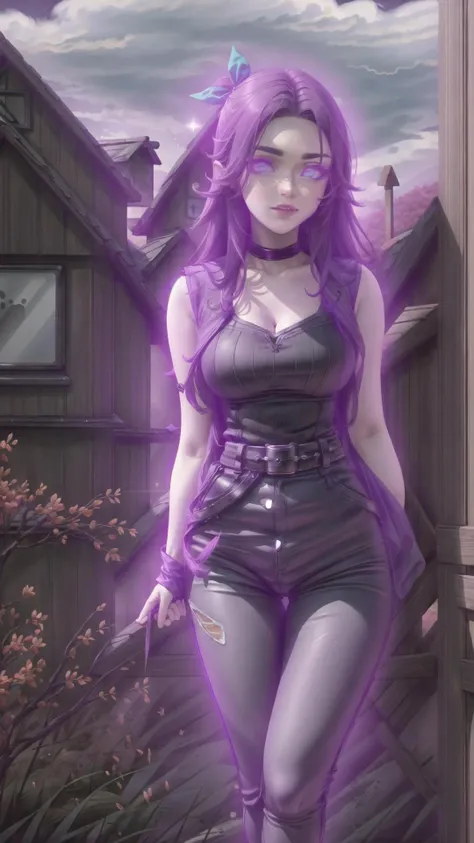 <lora:acSTP:0.5> woman wearing acSTP skintight pants, STP grey, belt, <lora:abigail:0.8> abigail, 1girl, purple hair, aqua eyes, hair ribbon, long hair, fang, makeup, gothic, BREAK, on farm, ranch, village, barn, stardew valley, BREAK, (night, dark:1.5), BREAK, <lora:pink_aura:0.8>, masterpiece, best quality, extremely detailed, highly quality, 4k, sharp focus, professional, sharp focus, award winning, cinematic lighting, octane render, unreal engine, volumetrics dtx, Wallpaper,