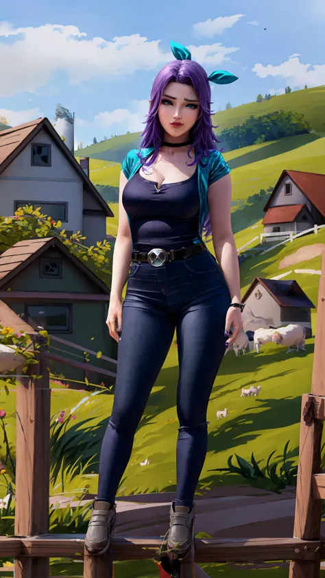 <lora:acSTP:0.8> woman wearing acSTP skintight pants, STP grey, belt, <lora:abigail:0.8> abigail, purple hair, aqua eyes, hair ribbon, long hair, fang, makeup, gothic, BREAK, on farm, ranch, village, barn, masterpiece, best quality, extremely detailed, highly quality, 4k, sharp focus, professional, sharp focus, award winning, cinematic lighting, octane render, unreal engine, volumetrics dtx, Wallpaper,