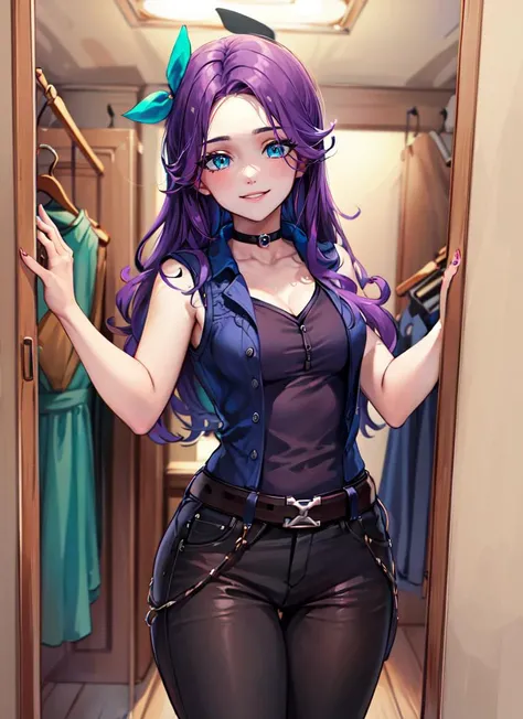 ((best quality)), ((highly detailed)), masterpiece, absurdres, (detailed eyes, deep eyes), (1girl), dynamic pose, cowboy shot, <lora:abigail:.7>, abigail, purple hair, aqua eyes, hair ribbon, long hair, smiling, purple dress, vest, choker, boots, belt, pants, (indoors, at a closet)