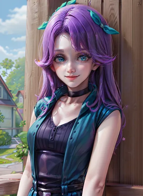 ((best quality)), ((highly detailed)), masterpiece, absurdres, (detailed eyes, deep eyes), <lora:more_details:.4>, (1girl), dynamic pose, upper body, <lora:abigail:1>, abigail, purple hair, aqua eyes, hair ribbon, long hair, smiling, armlet, (inside, at a library, book shelves)