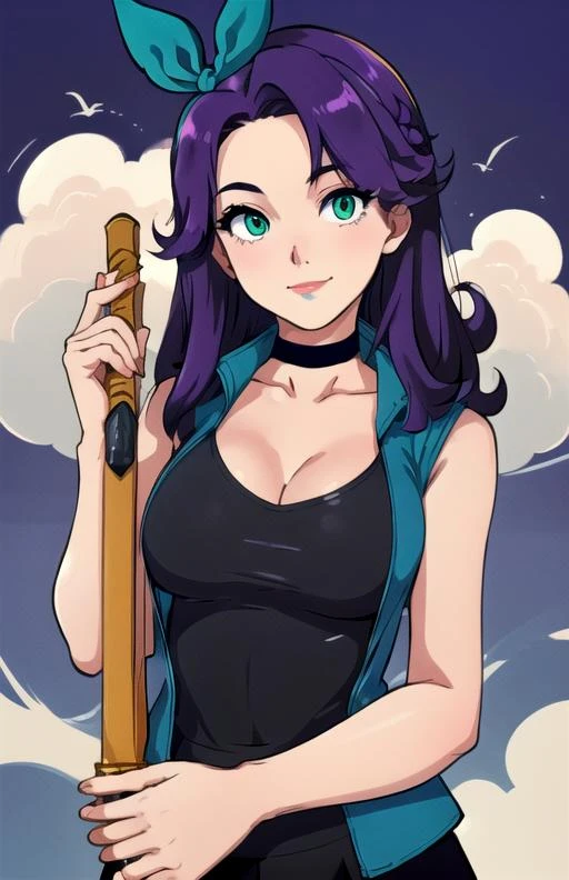 best quality, (masterpiece),(ultra-detailed), (high quality), (high resolution), <lora:abigail:0.7>,1girl, black choker, blue jacket, boots, choker, closed mouth, cloud, green eyes, hair ribbon, holding, large breasts, long hair, purple background, purple hair, red lips, shirt, shoes removed, sleeveless shirt, smile, solo,, upper body, vest, weapon, white outline
