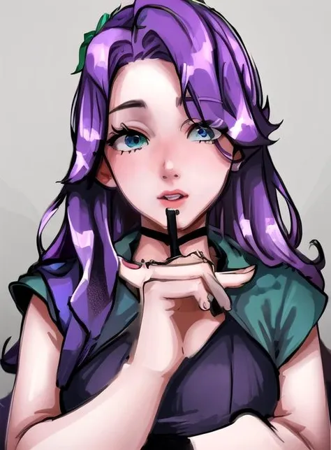 best quality, (masterpiece),(ultra-detailed), (high quality), (high resolution),  <lora:abigail:1>,abigail, purple hair, aqua eyes,