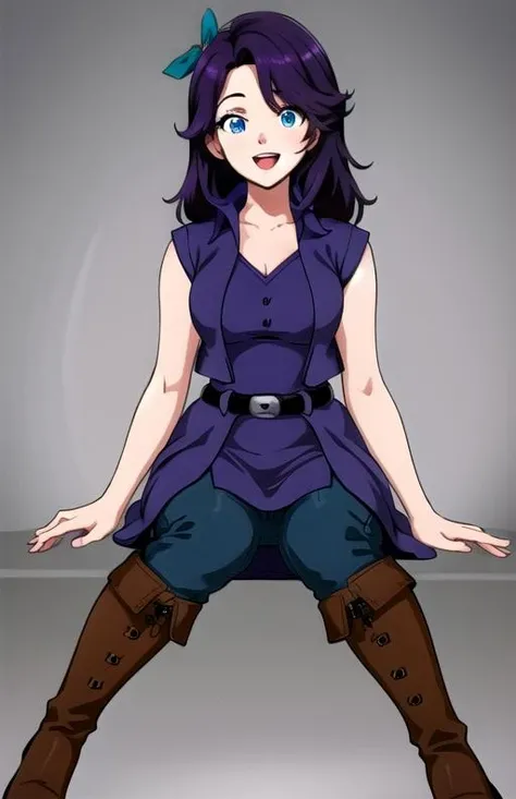 best quality, (masterpiece),(ultra-detailed), (high quality), (high resolution), <lora:abigail:0.7>,1girl, :d, bangs, blue eyes, purple dress, vest, boots, ,belt,pants,