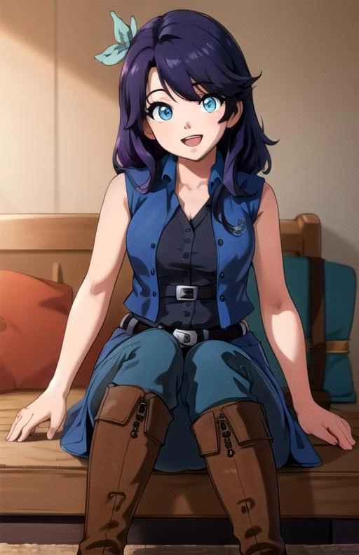 best quality, (masterpiece),(ultra-detailed), (high quality), (high resolution), <lora:abigail:0.7>,1girl, :d, bangs, blue eyes, dress, vest, boots, ,belt,pants,
