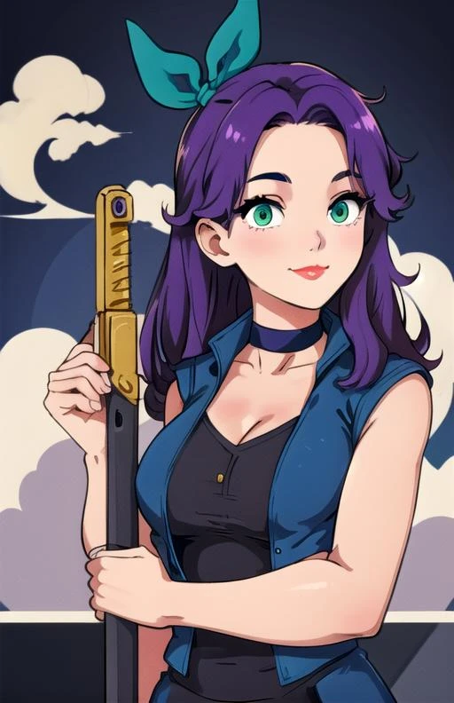 best quality, (masterpiece),(ultra-detailed), (high quality), (high resolution), <lora:abigail:0.7>,1girl, black choker, blue jacket, boots, choker, closed mouth, cloud, green eyes, hair ribbon, holding, large breasts, long hair, purple background, purple hair, red lips, shirt, shoes removed, sleeveless shirt, smile, solo,, upper body, vest, weapon, white outline