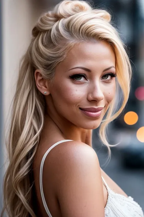 photo of beautiful (c4ndymans0n:0.99), a woman in a (street:1.1), perfect hair, hair upsweep updo, wearing (designer wear:1.2), modelshoot style, (extremely detailed CG unity 8k wallpaper), professional majestic (photography by edward weston:1.1), (Canon A2/A2e Camera), 24mm, exposure blend, hdr, faded, extremely intricate, High Detail, Sharp focus, dramatic, soft cinematic light, (looking at viewer), (detailed pupils), cute smile, 24mm, 4k textures, soft cinematic light, adobe lightroom, photolab, elegant, ((((cinematic look)))), soothing tones, insane details, hyperdetailed, low contrast, (sexy)