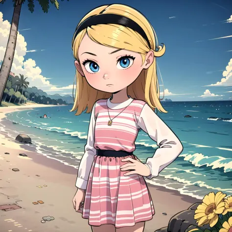 1girl, solo, penny peterson, blonde hair, hairband, blue eyes, pink dress, white shirt, long sleeves, layered dress, white socks, striped dress,    <lora:Penny_Peterson_Leaf5:0.8>,  cowboy shot, beach,